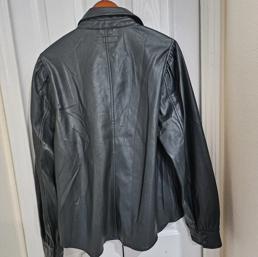 Women’s Dark Green Faux Leather Button-Front Jacket